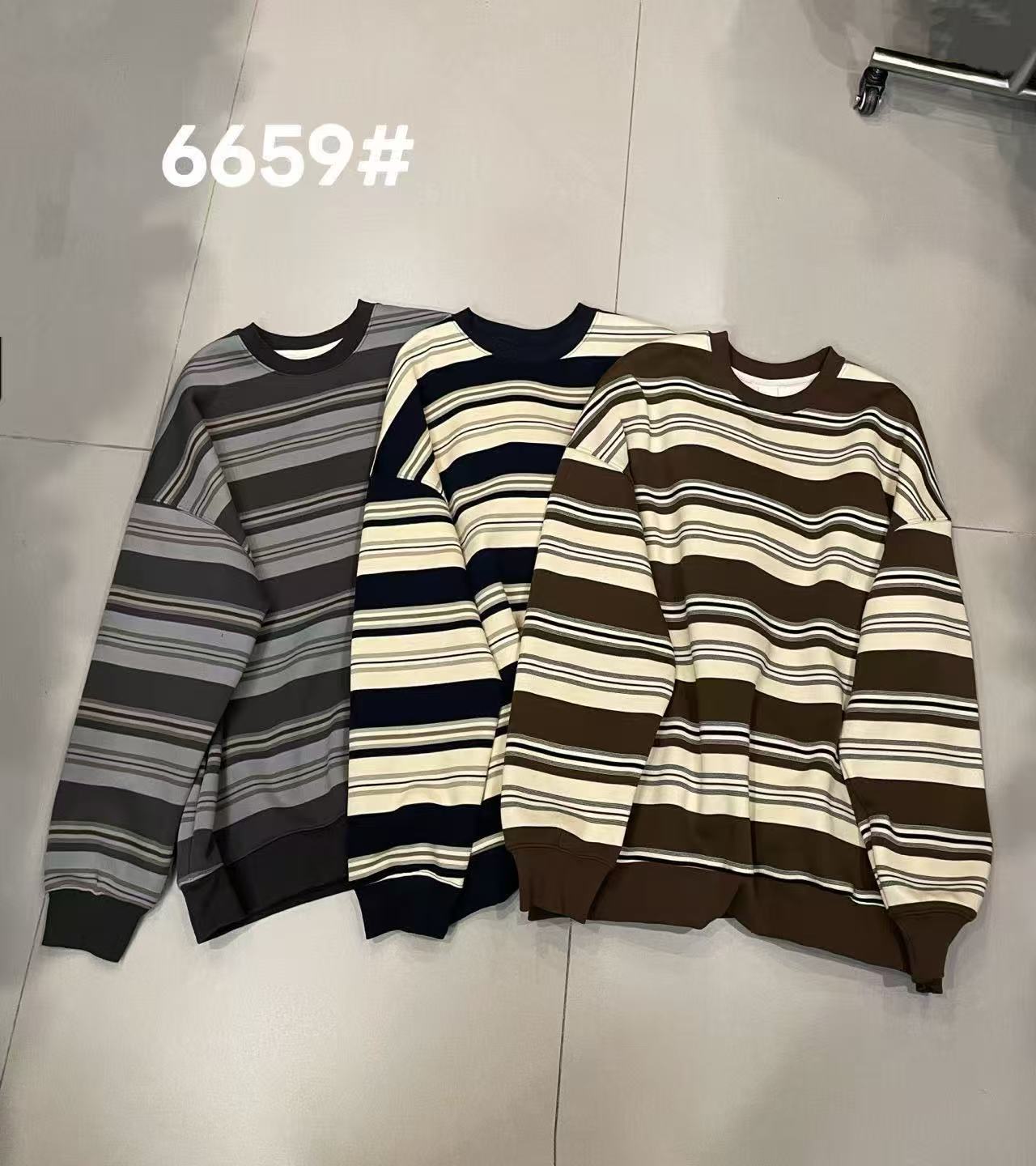 键盘家-6659-宽松圆领套头条纹卫衣