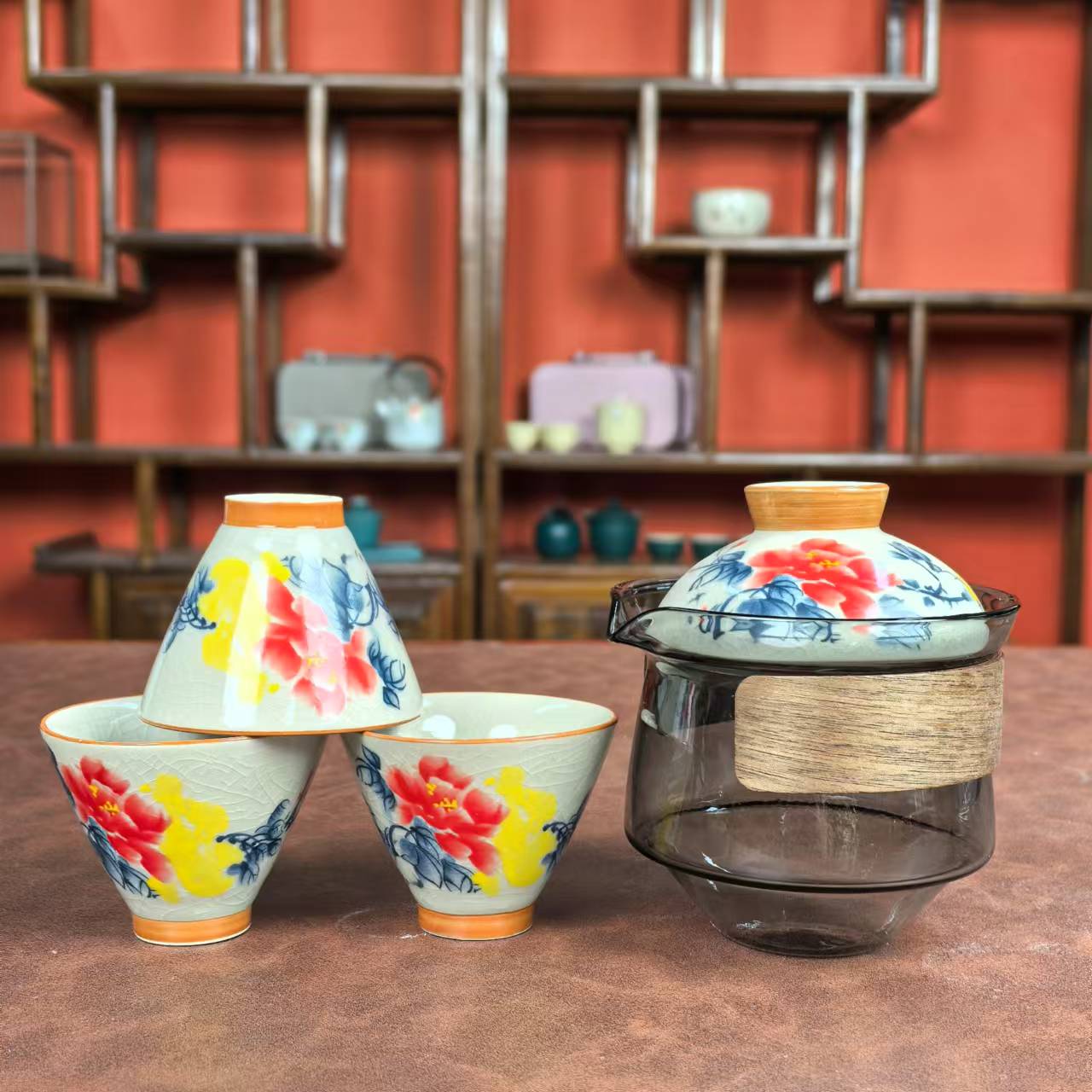 双花旅行套装 五件套礼盒装高端茶器主人杯0668