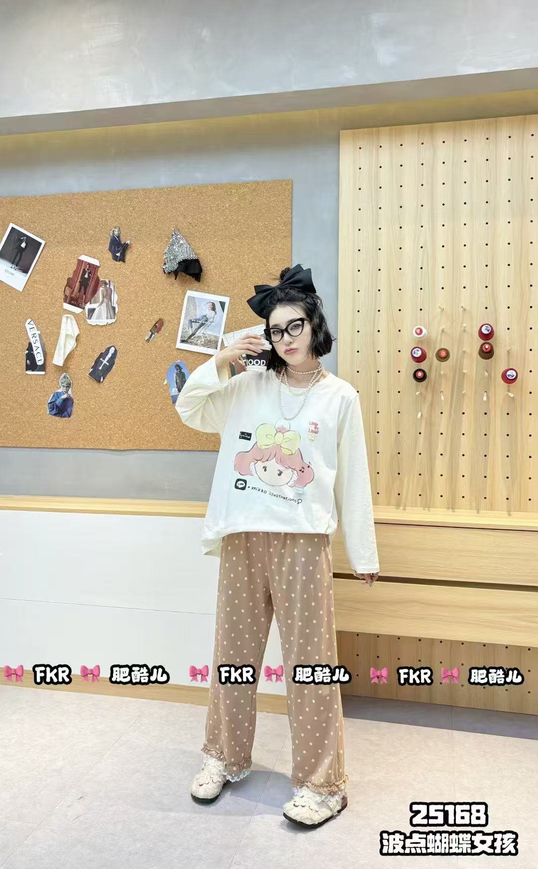 秋季新款女士大码纯棉可爱女孩长袖长裤睡衣家居服套装25168