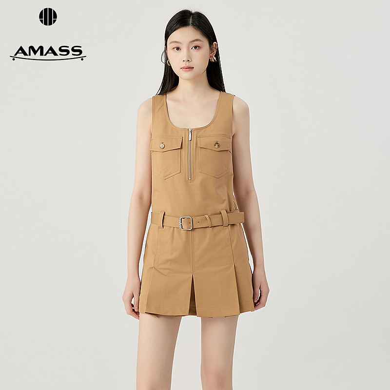 阿玛施AMASS 元气减龄胸前拉链裙摆褶皱短款连衣裙附腰带550029