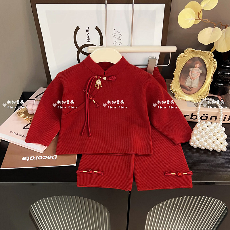 【2025现货】潮童女宝宝秋冬国风裤子套装国民女童过年新年服两件套