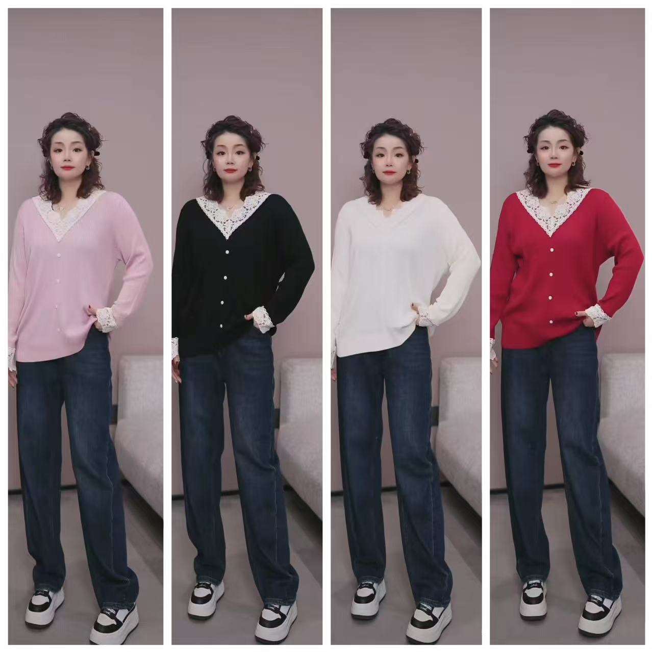 定制【蕾丝V领坑条羊绒衫】QY 24119【No退换】瑕疵品