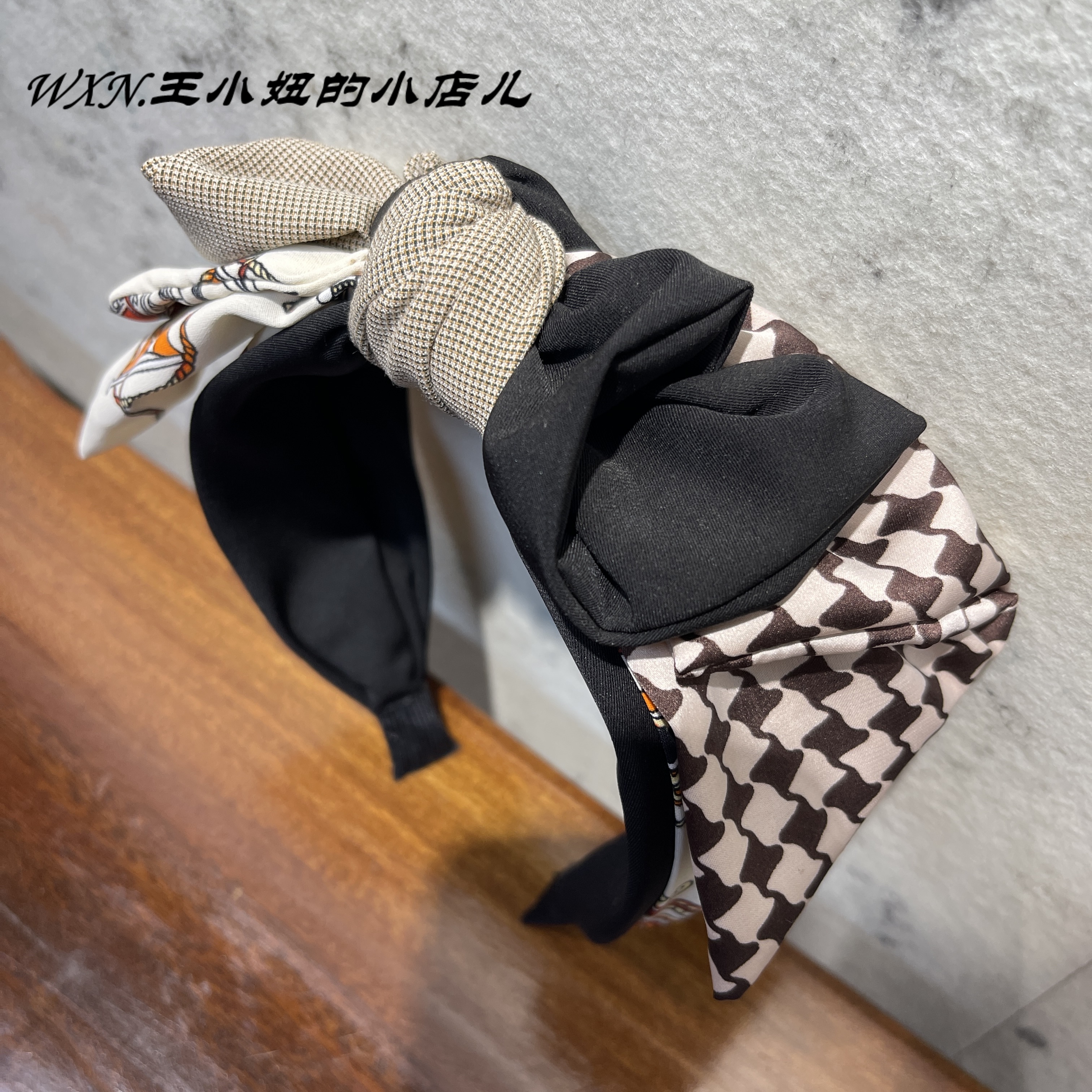 026韩版布艺黑色蝴蝶结发箍发卡欧美拼色印花洗脸搞怪头箍女复古