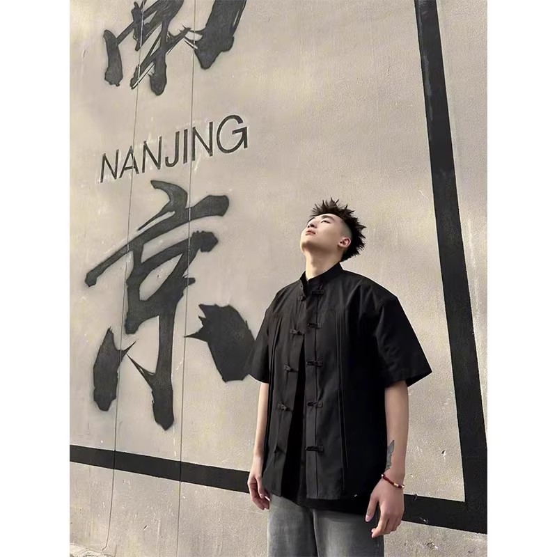 新中式国风短袖衬衫男夏季薄款盘扣立领唐装衬衣高级感中山装外套