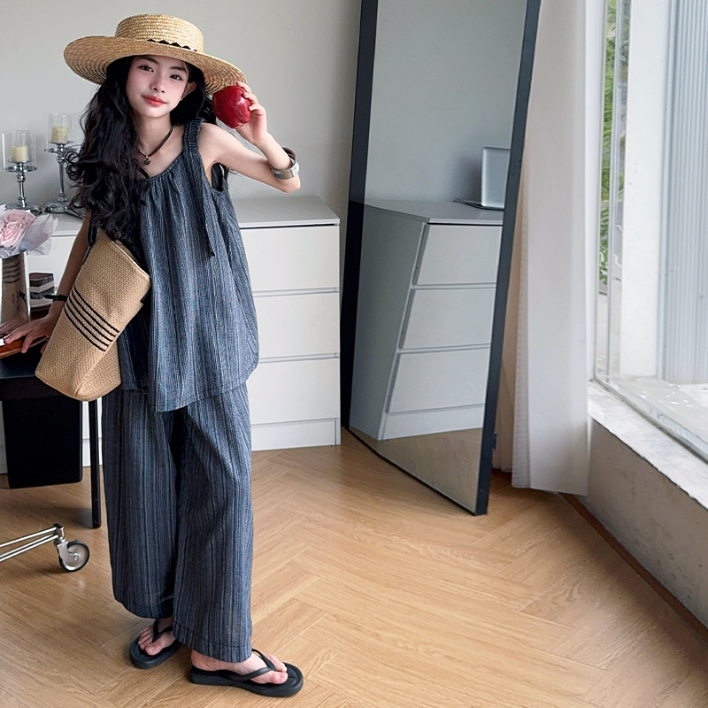 【酷哒仔】女童港风吊带条纹两件套装2025夏季中大童高级感学生套装