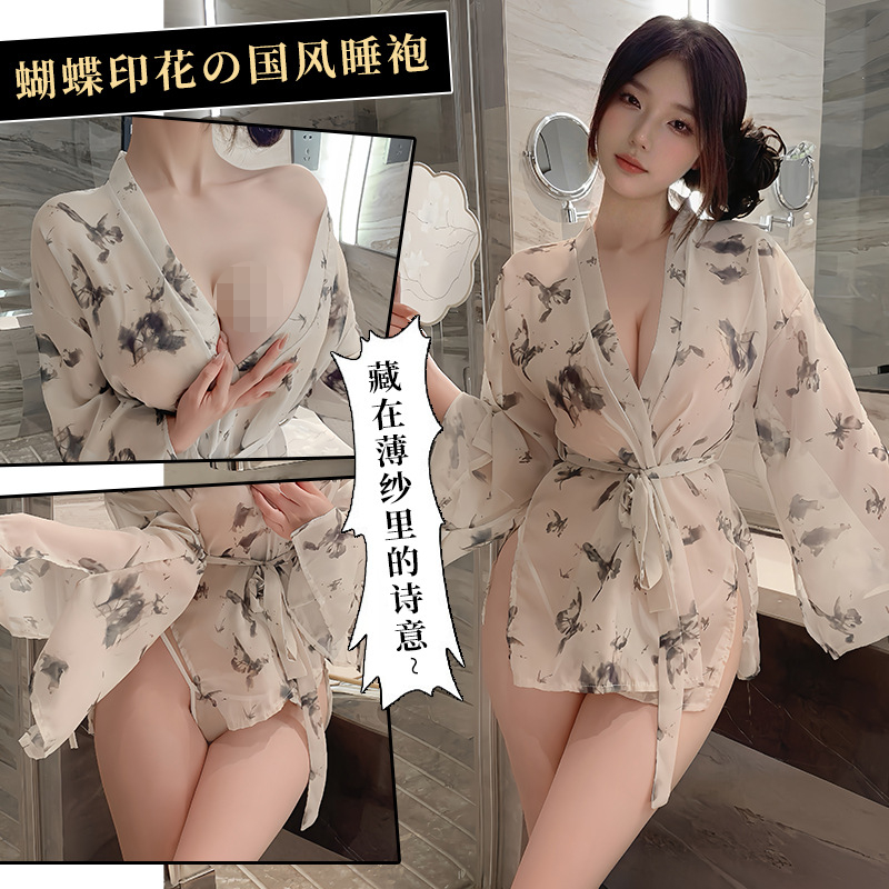 性感蝴蝶印花系带深V开襟和服睡袍套装