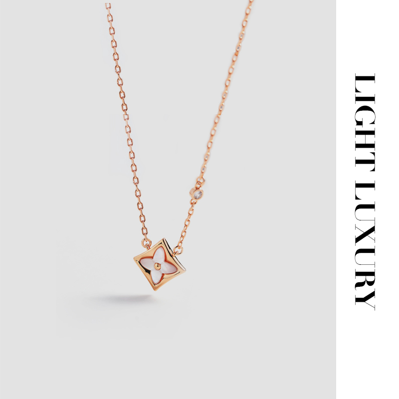 合金项链 496 V金工艺 老花红四叶花项链 女