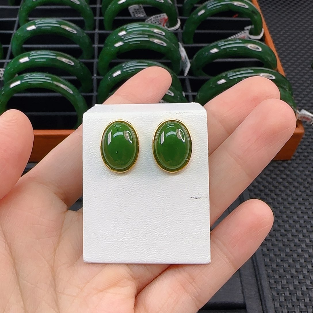银S925镶嵌和田玉耳饰碧玉蛋面耳钉