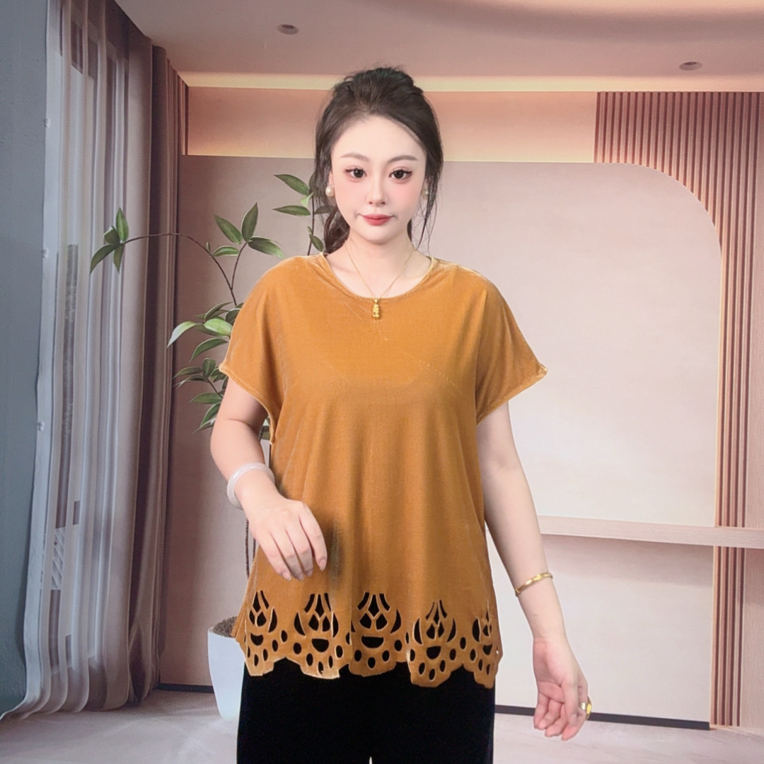 2025夏季新款国风新中式两面穿丝绒半袖T恤气质百搭#82051