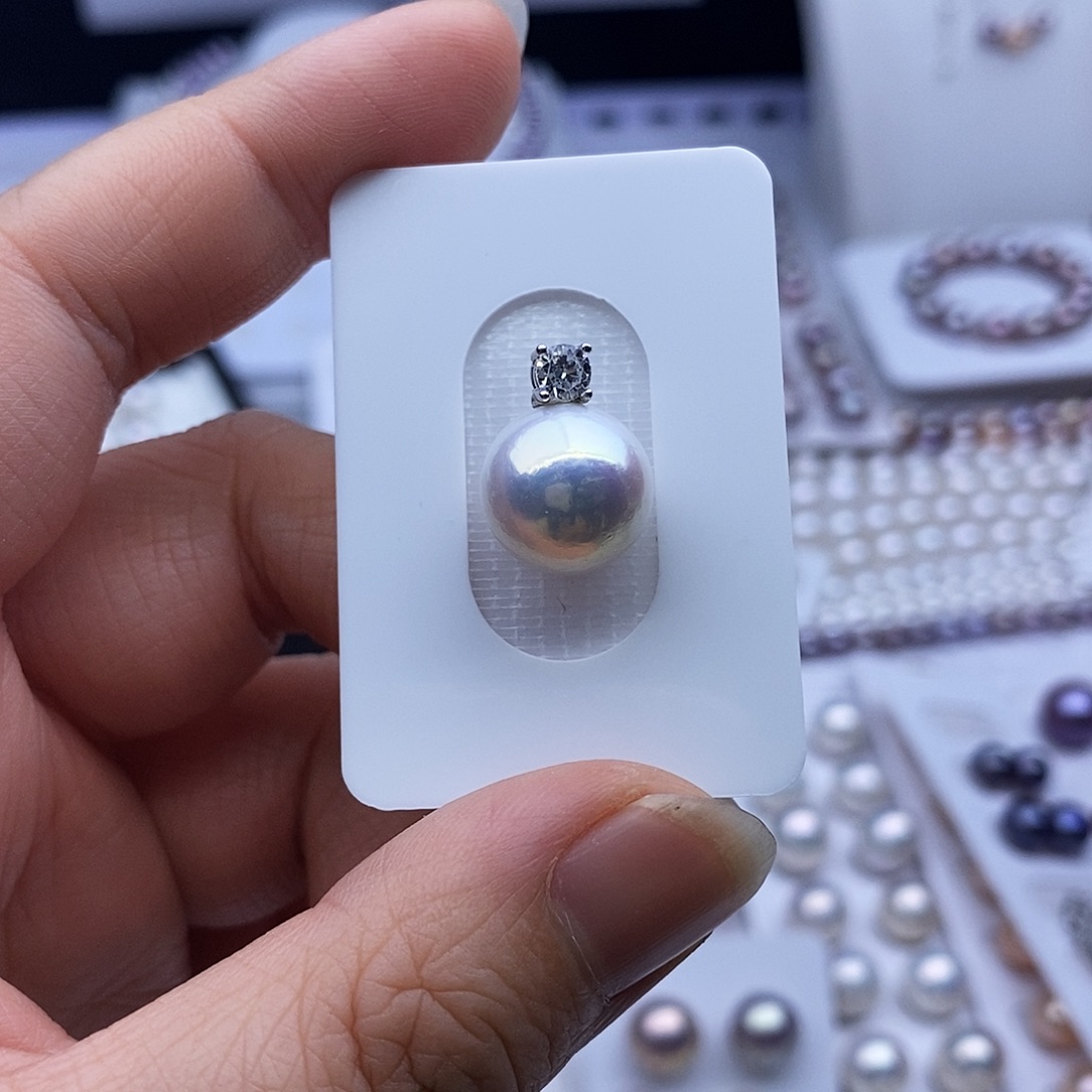 银S925镶嵌耳饰淡水珍珠12.4mm面珠粉戴妃吊坠