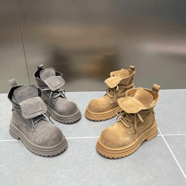 马丁靴女2025欧货磨砂新款复古大黄短靴厚底翻领松糕机车女鞋耐磨