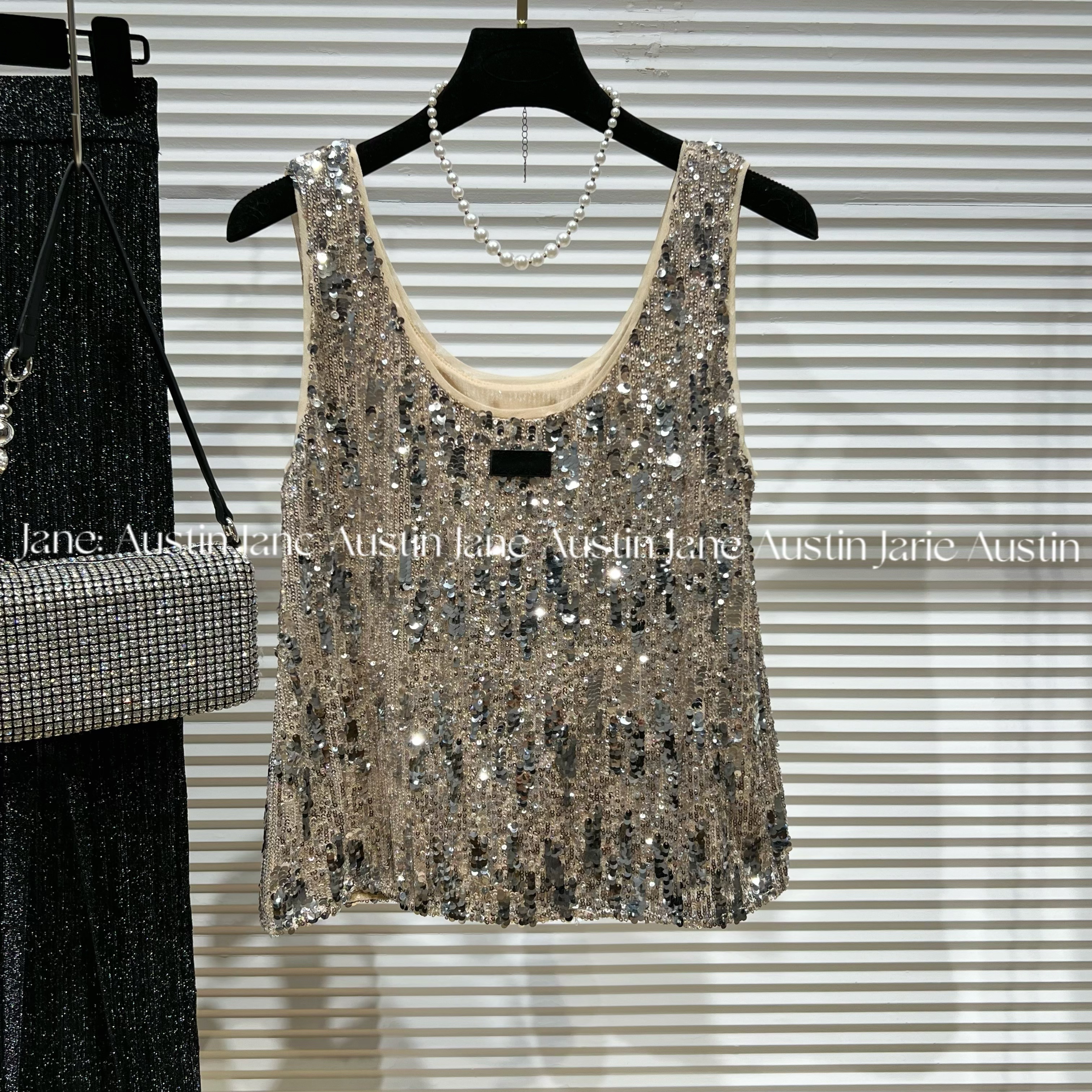 Jane Austin 新（ 螺音海韵）2025早春新款时尚百搭气质珠片纱女