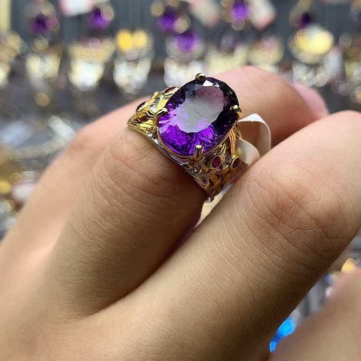 银S925镀金镶嵌戒指水晶