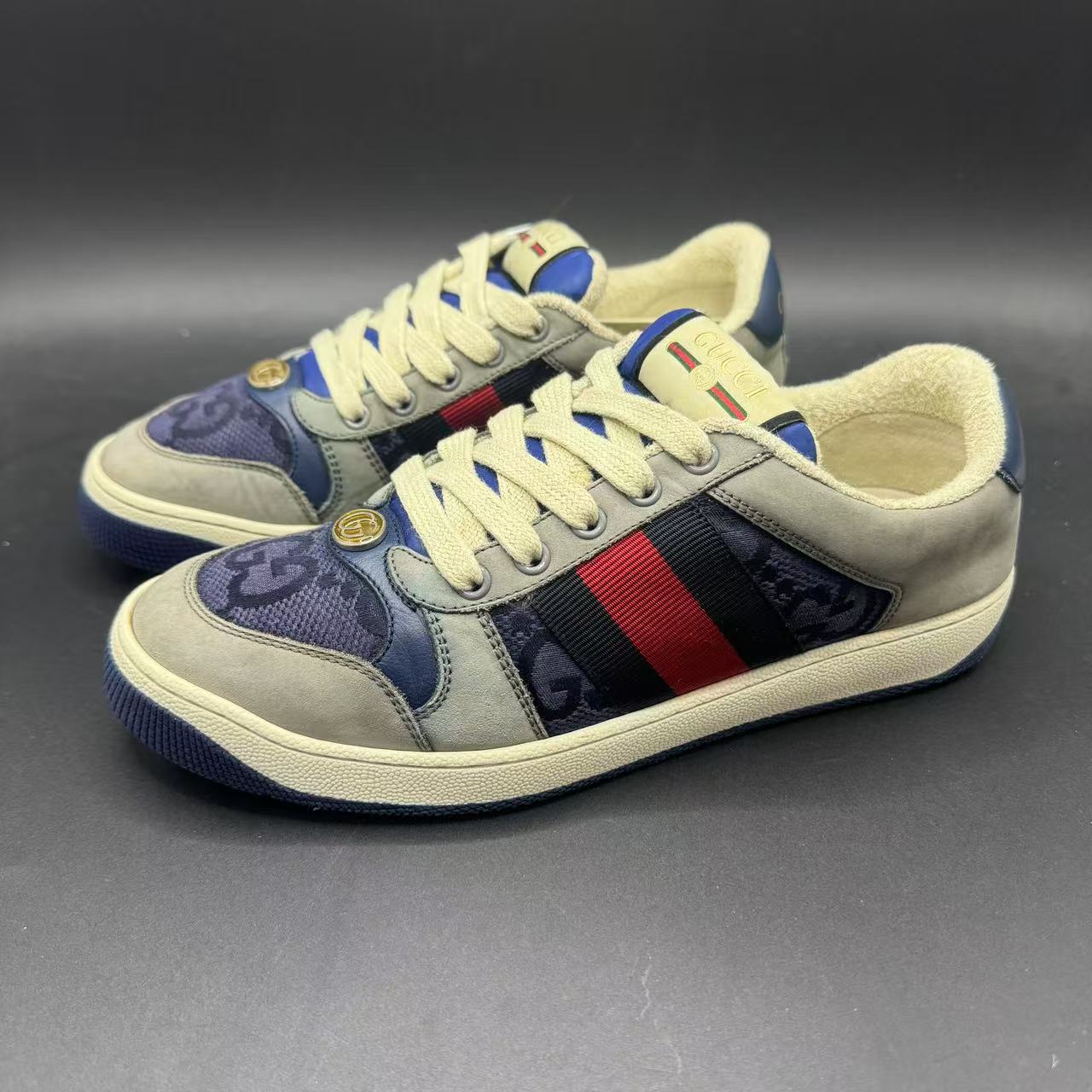 95新 GUCCI/古驰 男士时尚休闲灰蓝色刺绣印花脏脏鞋39码 xh066