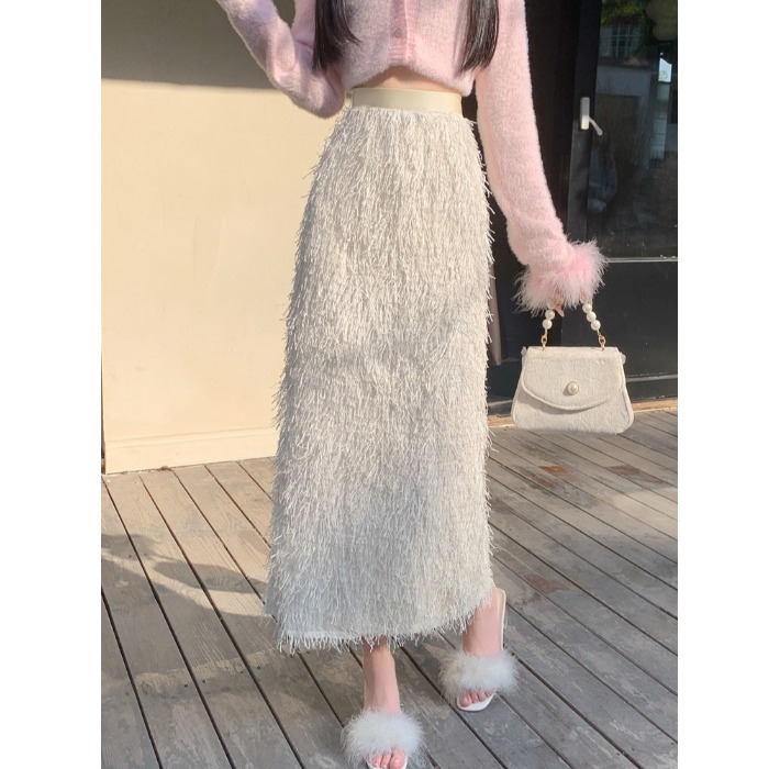 chic名媛气质小香风羽毛亮丝流苏半身裙女秋冬季包臀裙直筒裙长裙