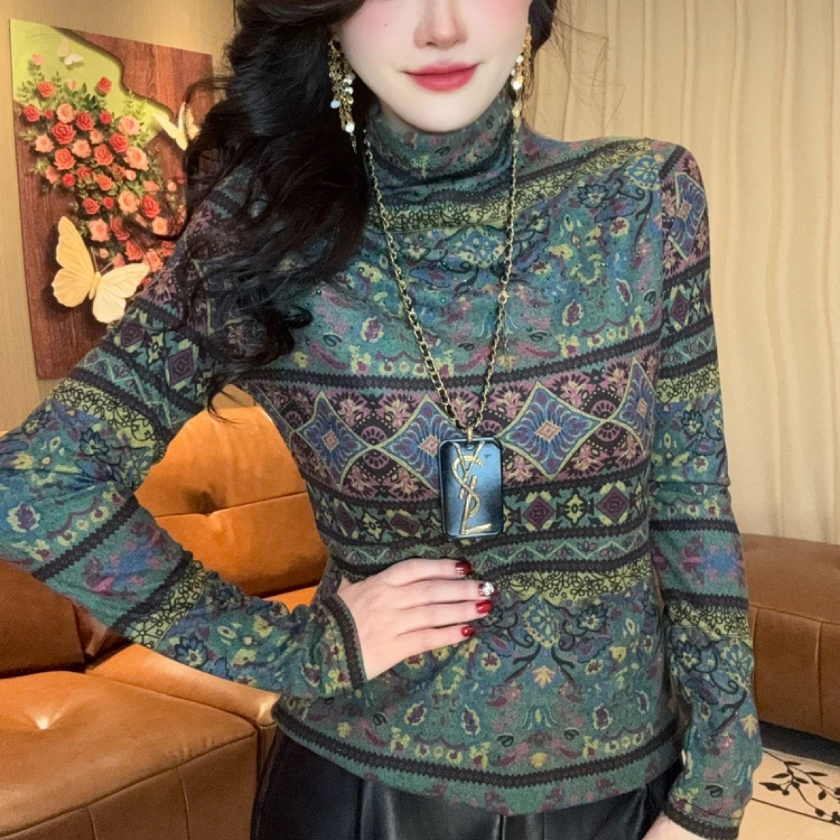 满钻秋冬新款民族风半高领德绒时尚显瘦打底衫洋气烫钻长袖女