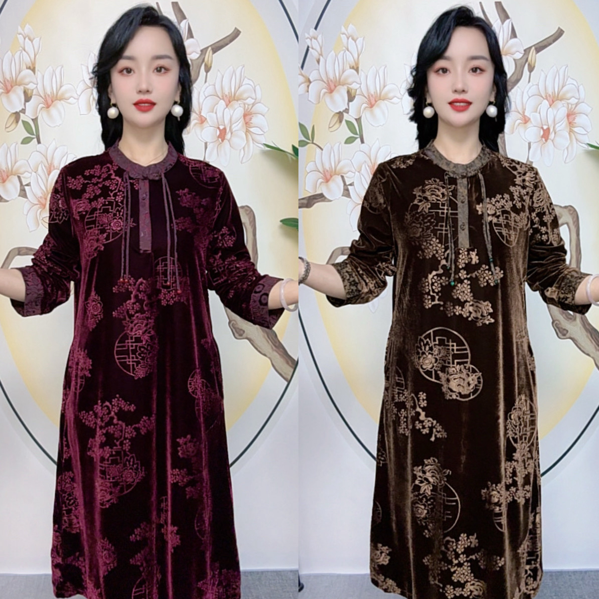 中年妈妈长袖中长款国风气质金丝绒连衣裙祥云刺绣设计