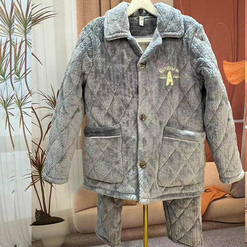 男士三层夹棉加厚款保暖冬季睡衣翻领透气长裤家居服套装成人