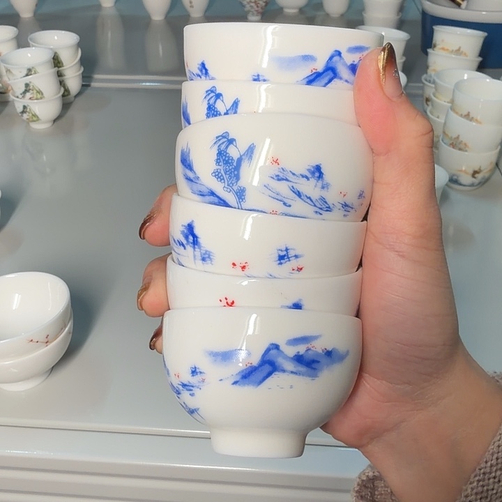 古***月孤品高端羊脂玉茶杯系列六个一组小高脚杯50cc