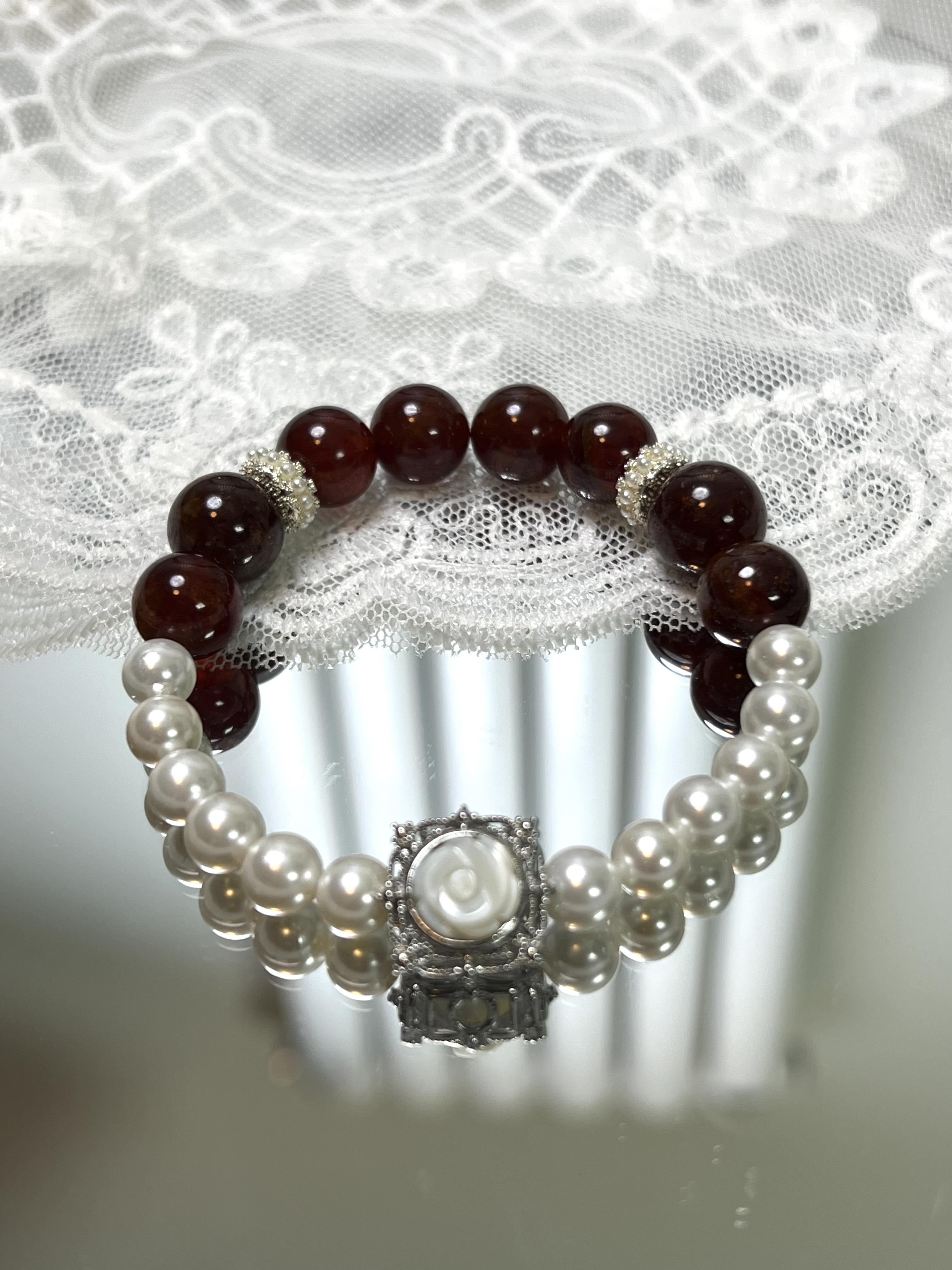 【女人花】99 石榴石 珍珠 天然水晶手链  ~