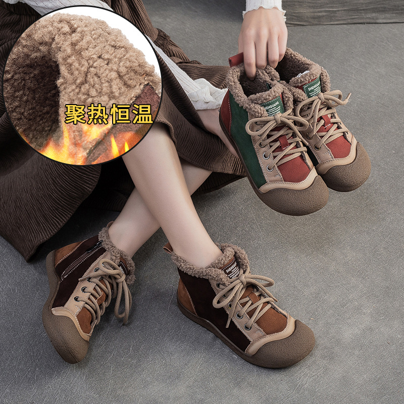 厚底加绒保暖舒适雪地靴女系带平底百搭休闲鞋冬季新款复古棉鞋子