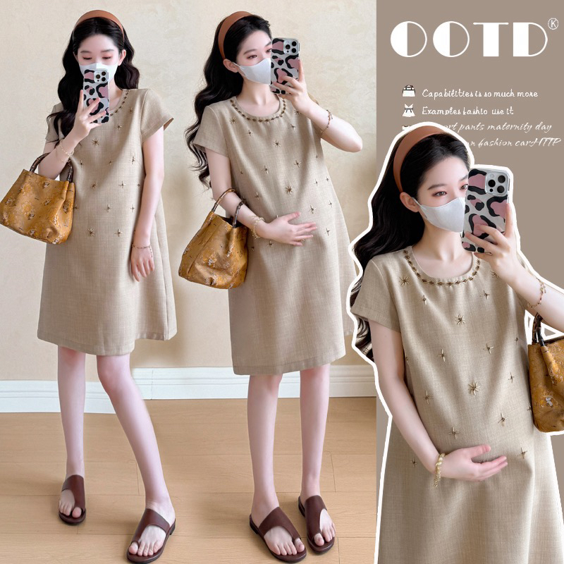 孕妇装2025新款连衣裙夏季气质小香风裙重工钉珠宽松裙