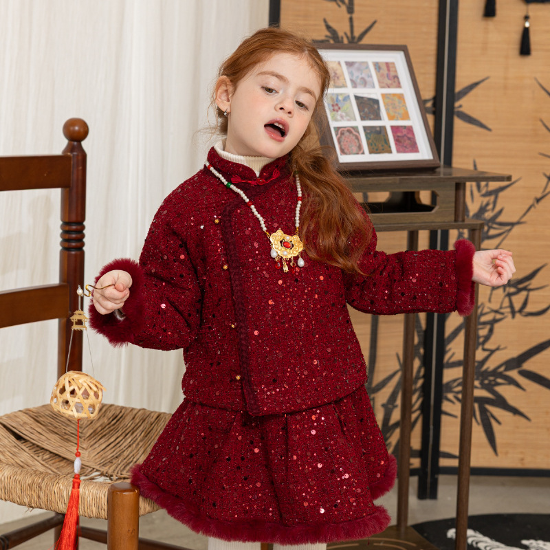 女童加棉加厚红色亮片长袖上衣半裙两件套25年冬季新款拜年服女孩