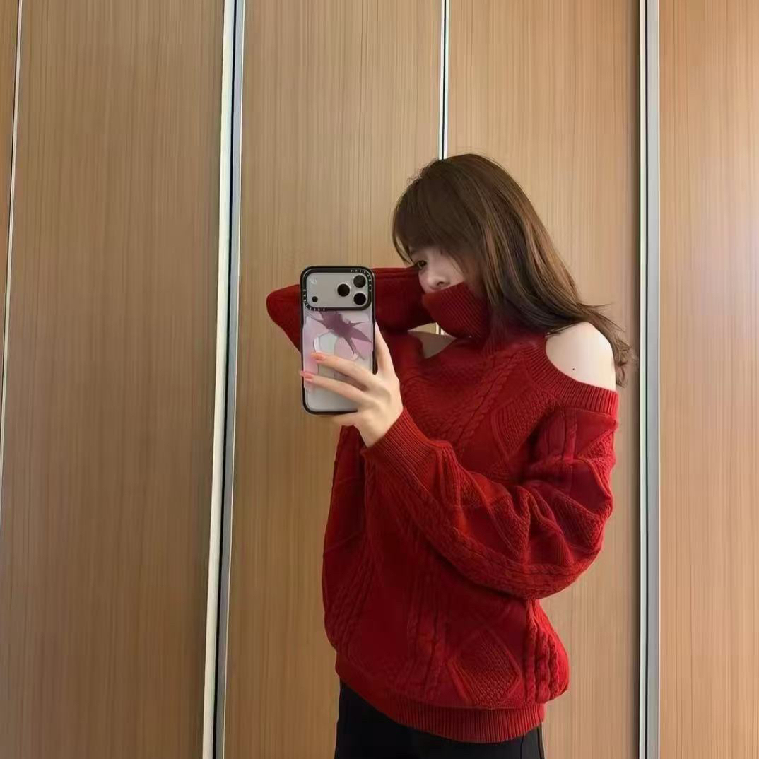 FartShop玫瑰礼记高领露肩冬季修身时尚毛衣女秋冬慵懒感针织上衣