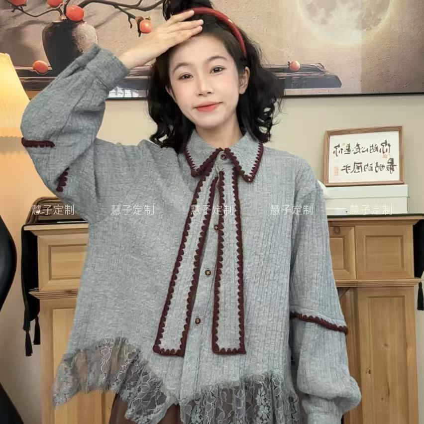 慧子“灰韵绛边”新品蕾丝拼接复古撞色蝴蝶结翻领秋冬设计感衬衫 