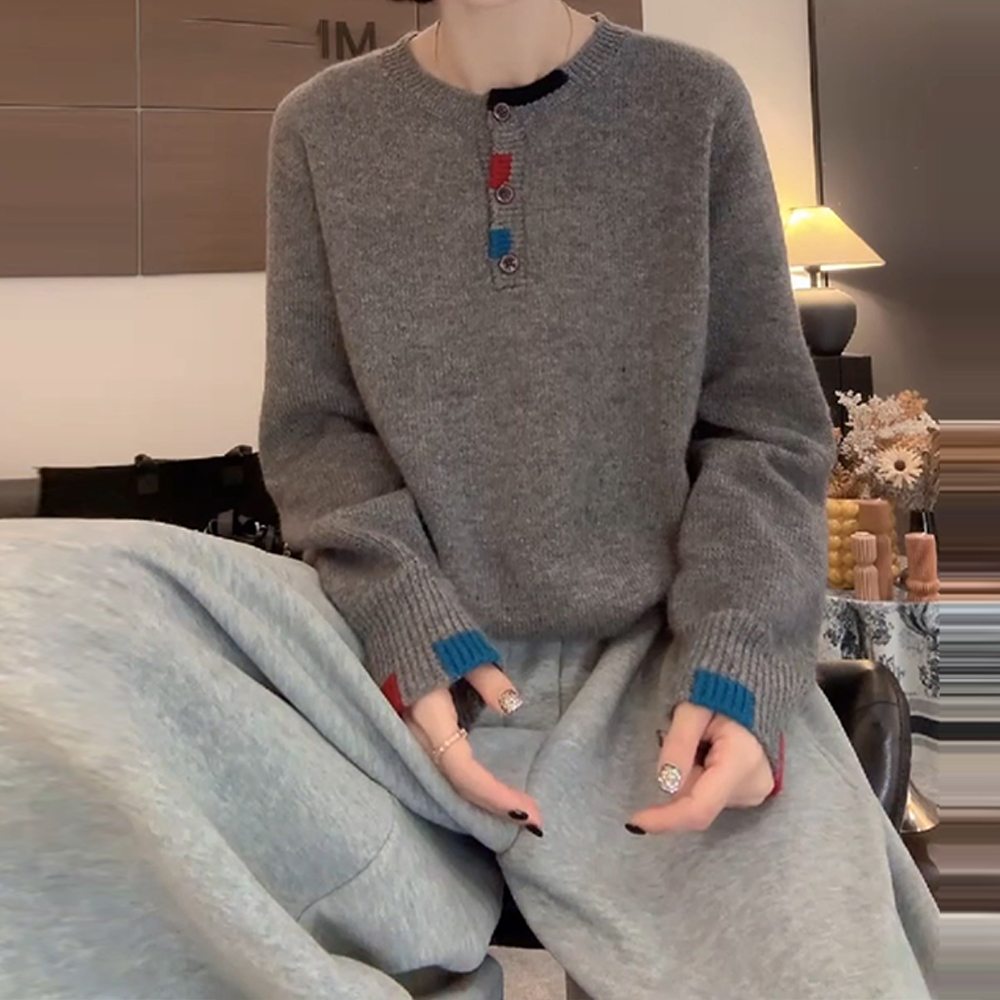 圆领常规款冬季穿搭女款毛针织衫宽松秋冬时尚简约撞色高级感上衣