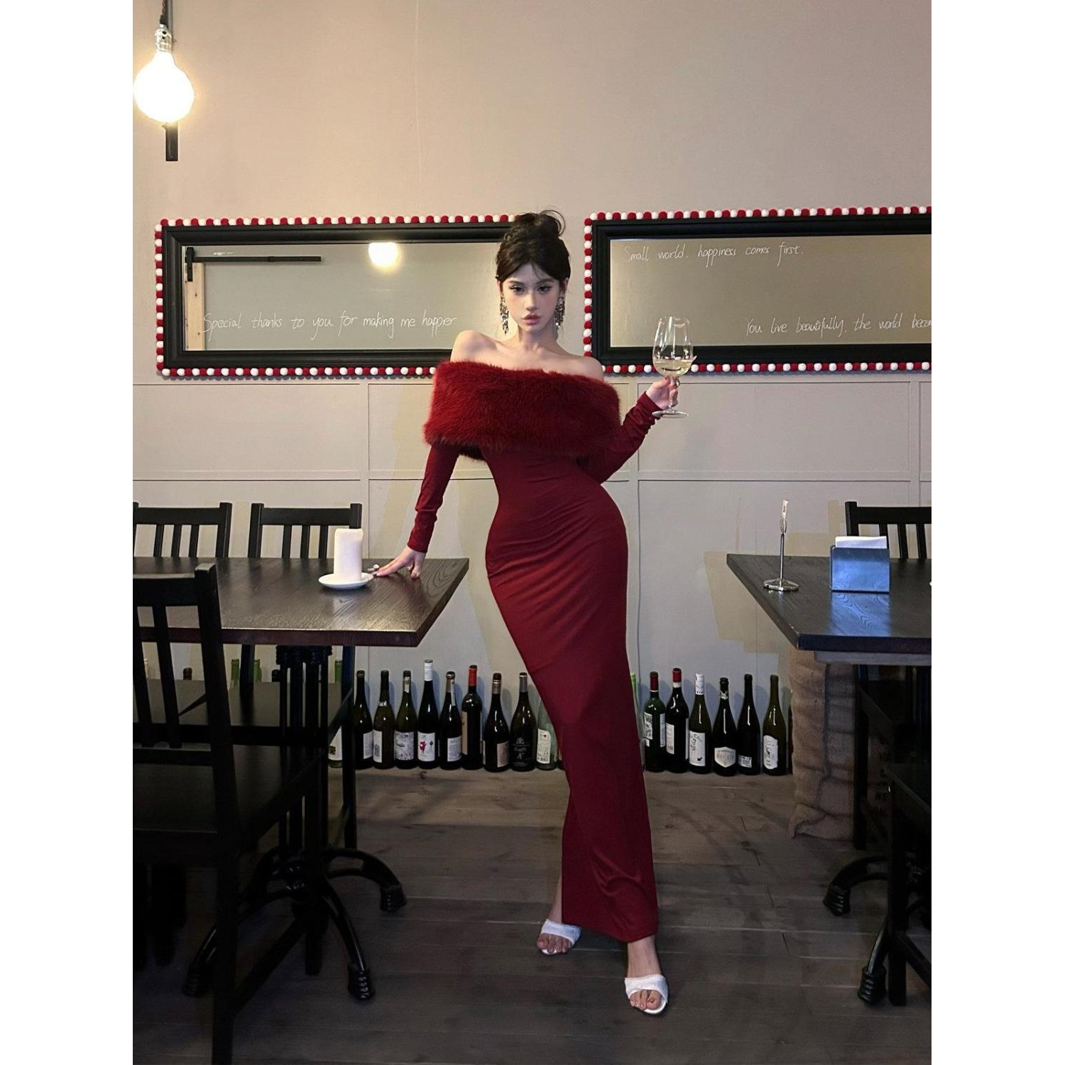 圣诞节服饰复古红毛绒一字领连衣裙女秋冬性感修身晚礼裙包臀长裙