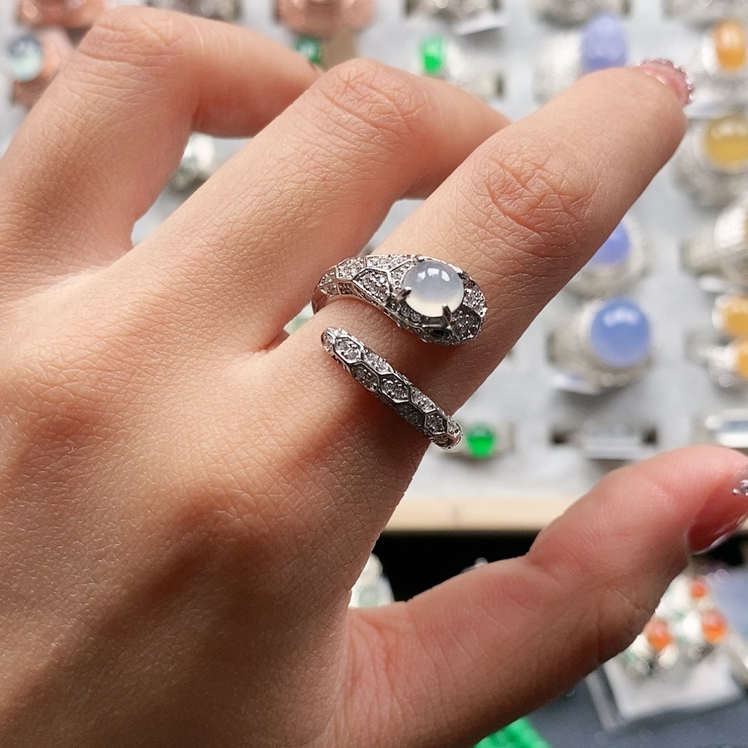 翡翠戒指银S925镶嵌天然翡翠活口戒指