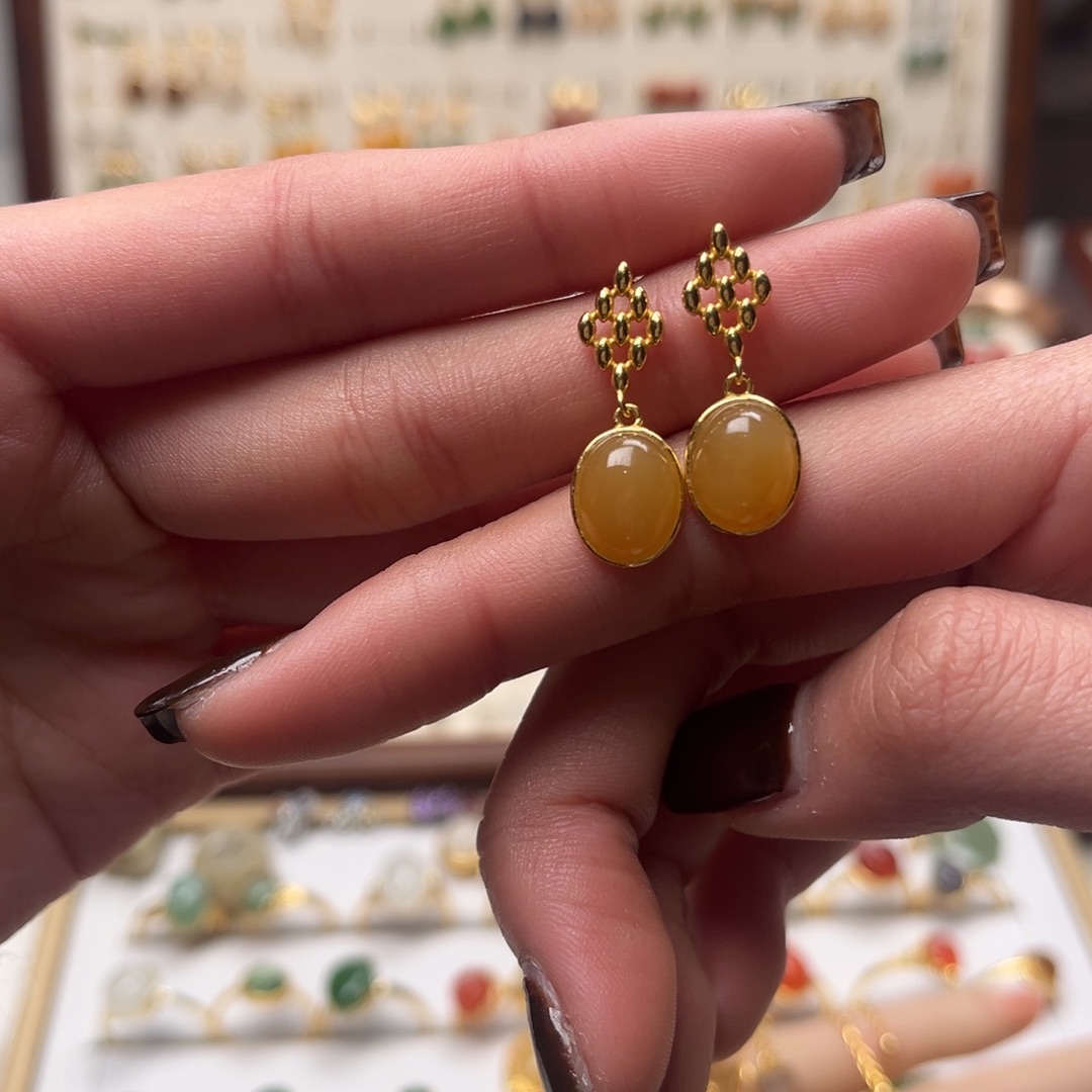 和田玉银S925镀金镶嵌耳坠