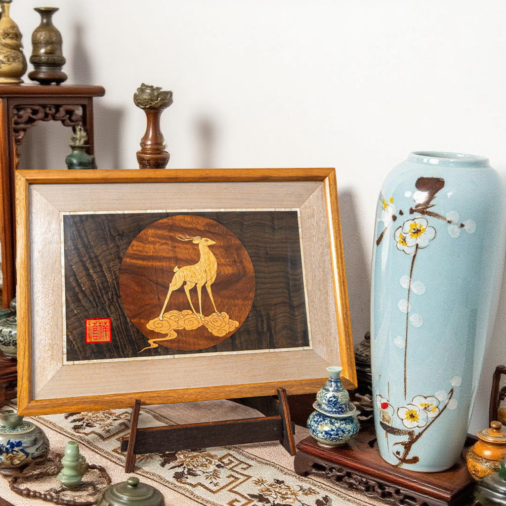 【楠禧】生财有鹿金丝楠乌木水波纹装饰画书房客厅家居艺术氛围