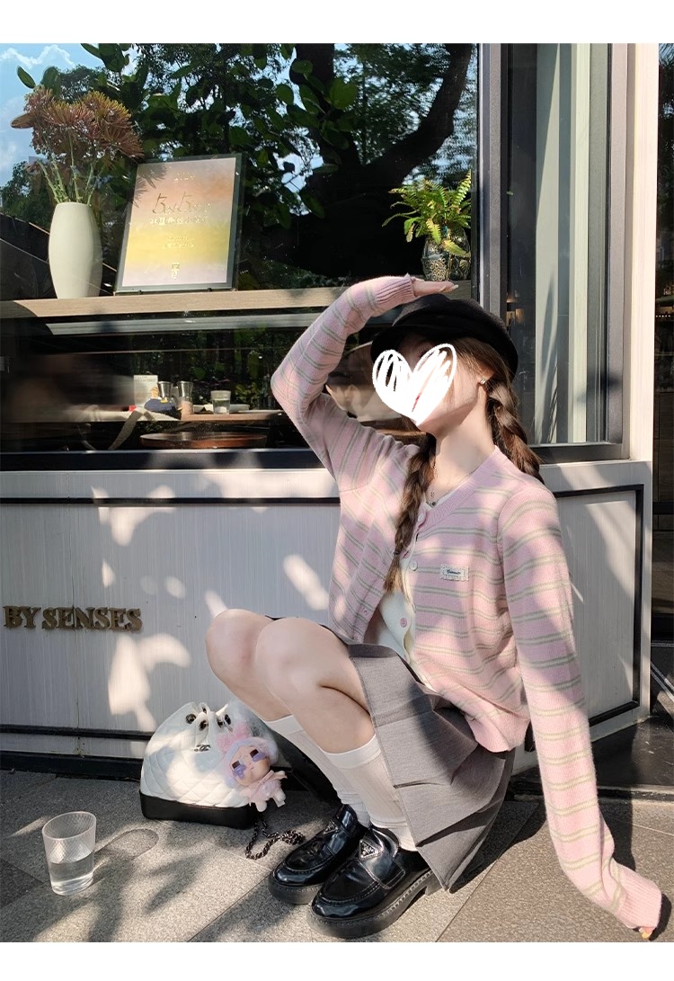 韩系假两件针织开衫女秋季条纹圆领毛衣外套女修身显瘦设计感上衣