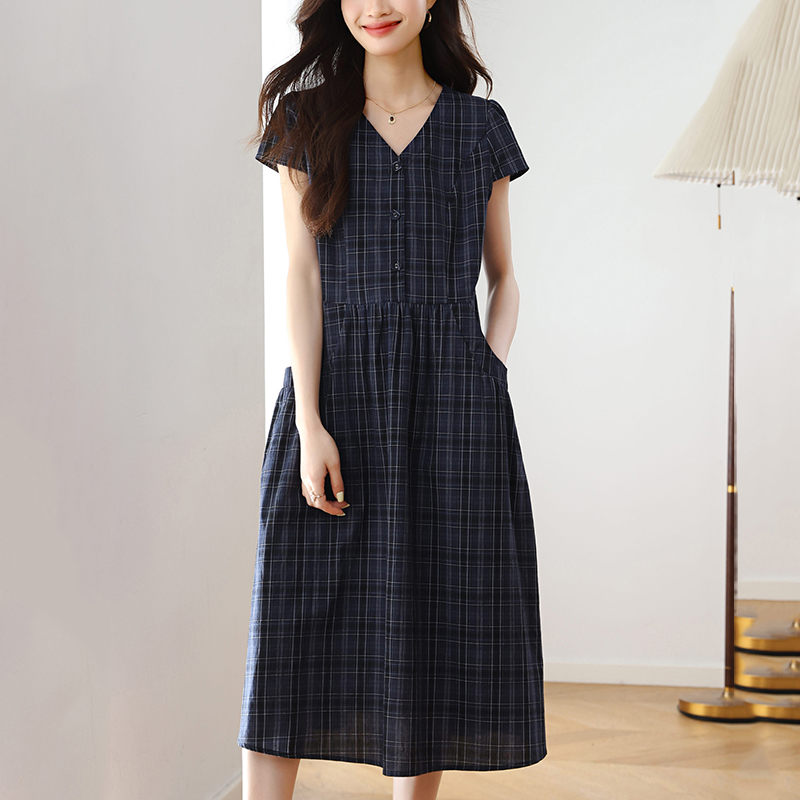 2025年新款复古格子中长款连衣裙夏季女装高端气质减龄裙子2723