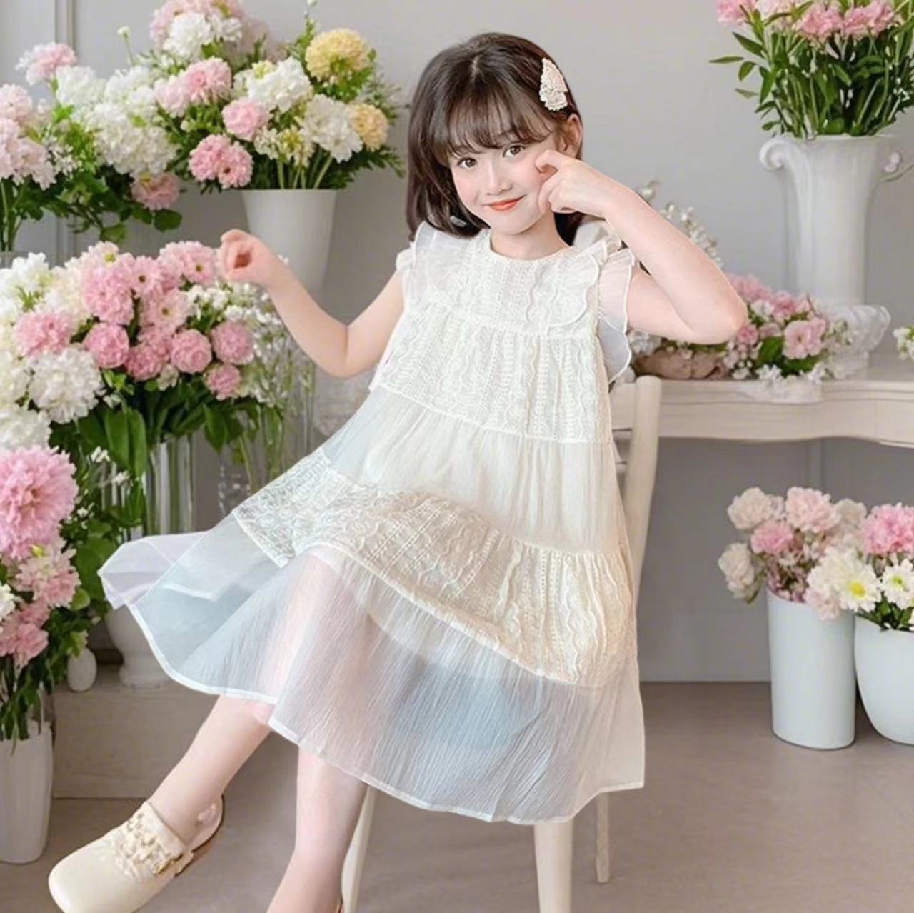 汤圆家童装2025夏季韩系气质白月光飞飞袖提花定制连衣裙 YA-1905