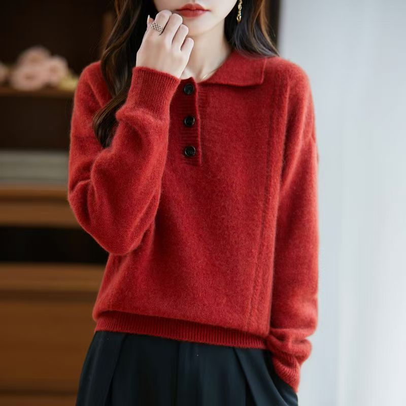 100%羊毛衫女七针加厚三粒扣POLO领秋冬季毛衣宽松套头针织打底衫