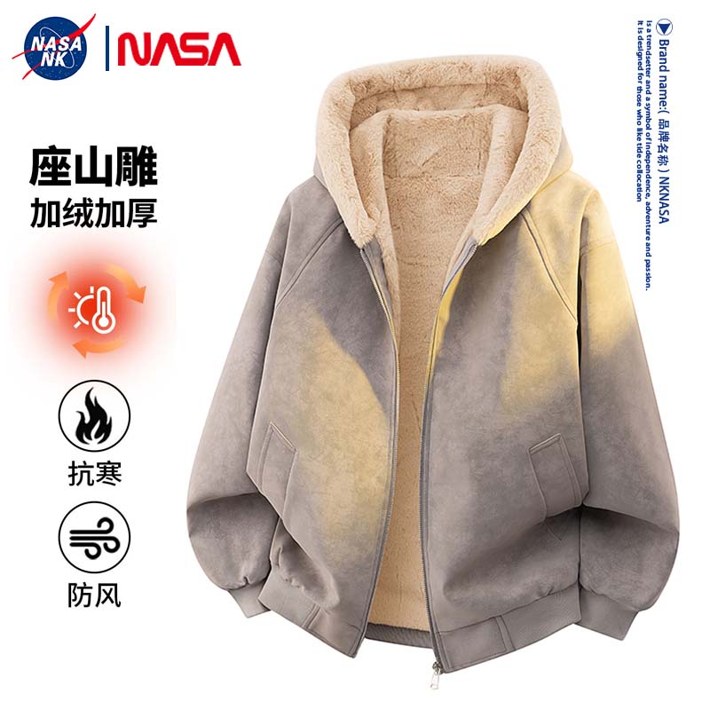 NASA联名美式座山雕连帽棉服男女款冬季加绒防寒荔枝纹皮棉衣外套