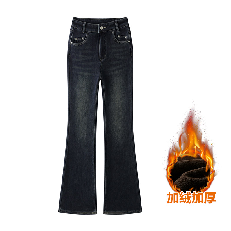6001女秋冬极简风牛仔裤复古蓝高腰加绒加厚女裤直筒微喇牛仔裤.