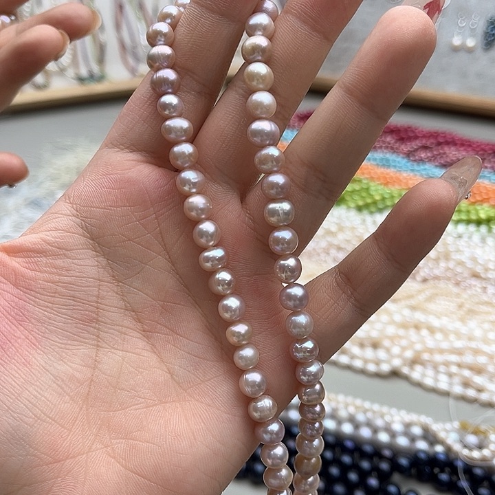 玛瑙/玉髓珠宝半成品未镶嵌一条7mm左右粉紫珍珠几颗有螺纹