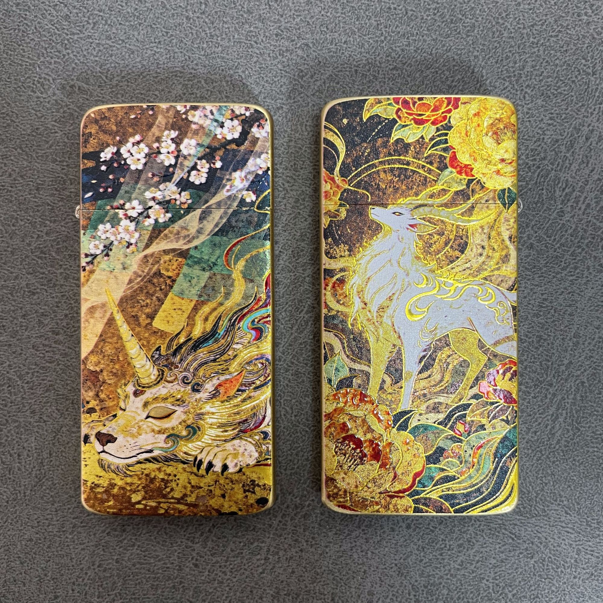 佐罗二代浮雕谛听白泽打火机超薄卡片鎏金黄铜煤油珐琅彩绘打火机