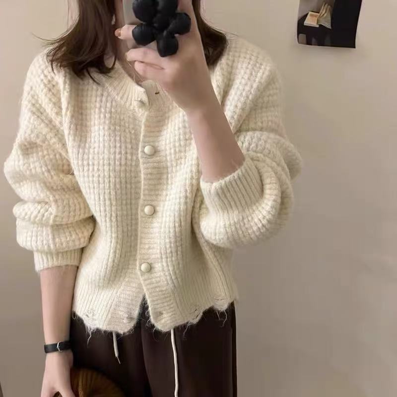 韩系慵懒风软糯毛衣外套女冬季百搭纯色宽松气质针织开衫上衣1259