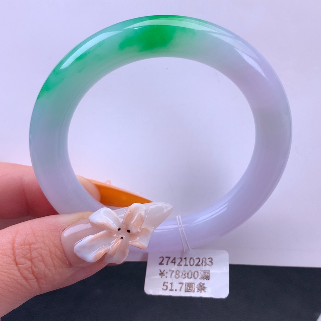 翡翠手镯未镶嵌细糯辣绿春彩圆条手镯