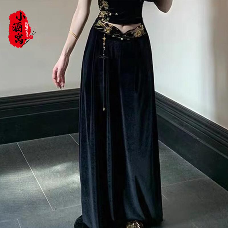 [川黛-裤]小酒窝新国风 新中式时尚气质刺绣休闲裤-100