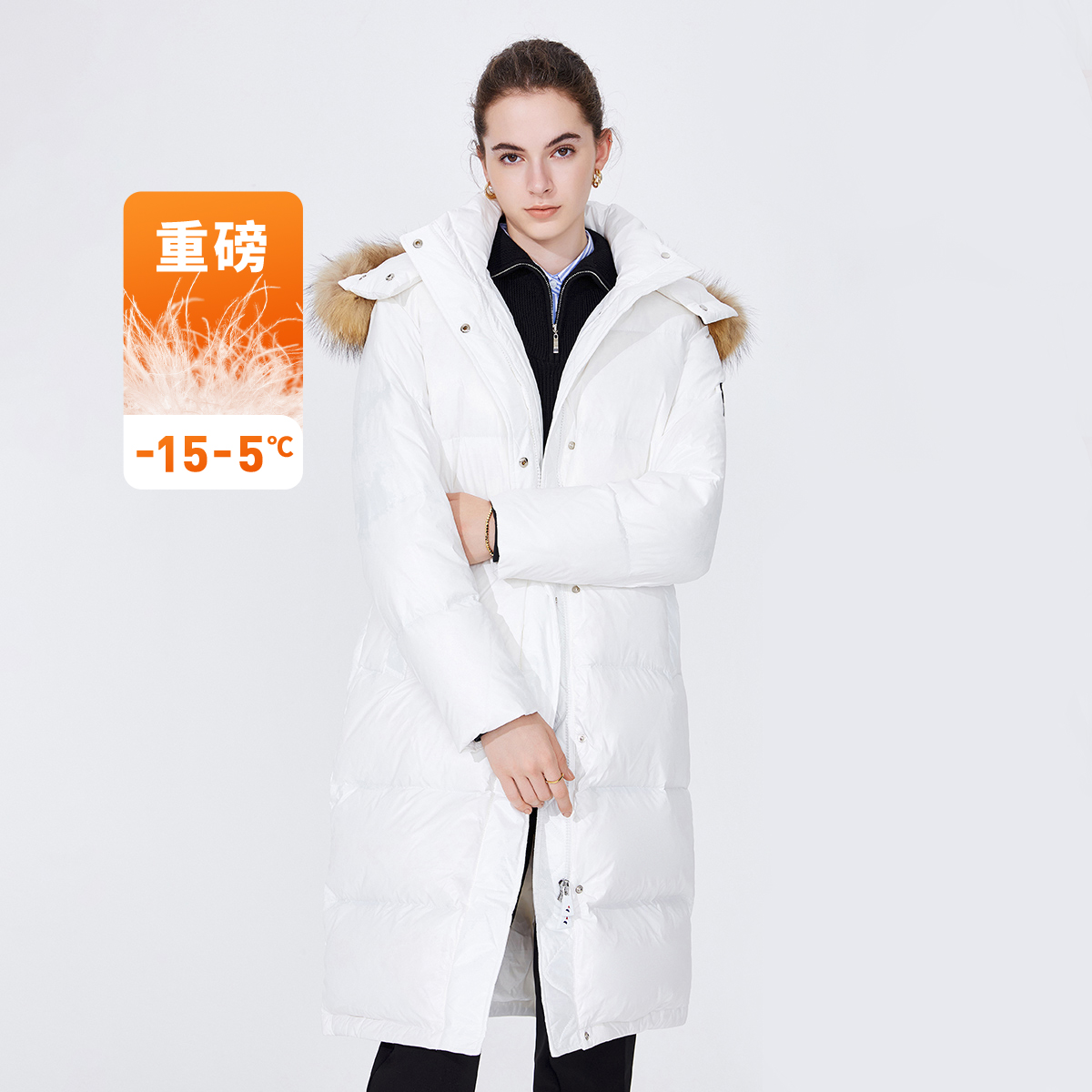 [貉子毛]Navigare意大利小帆船中长款羽绒服女冬季新款白鸭绒外套