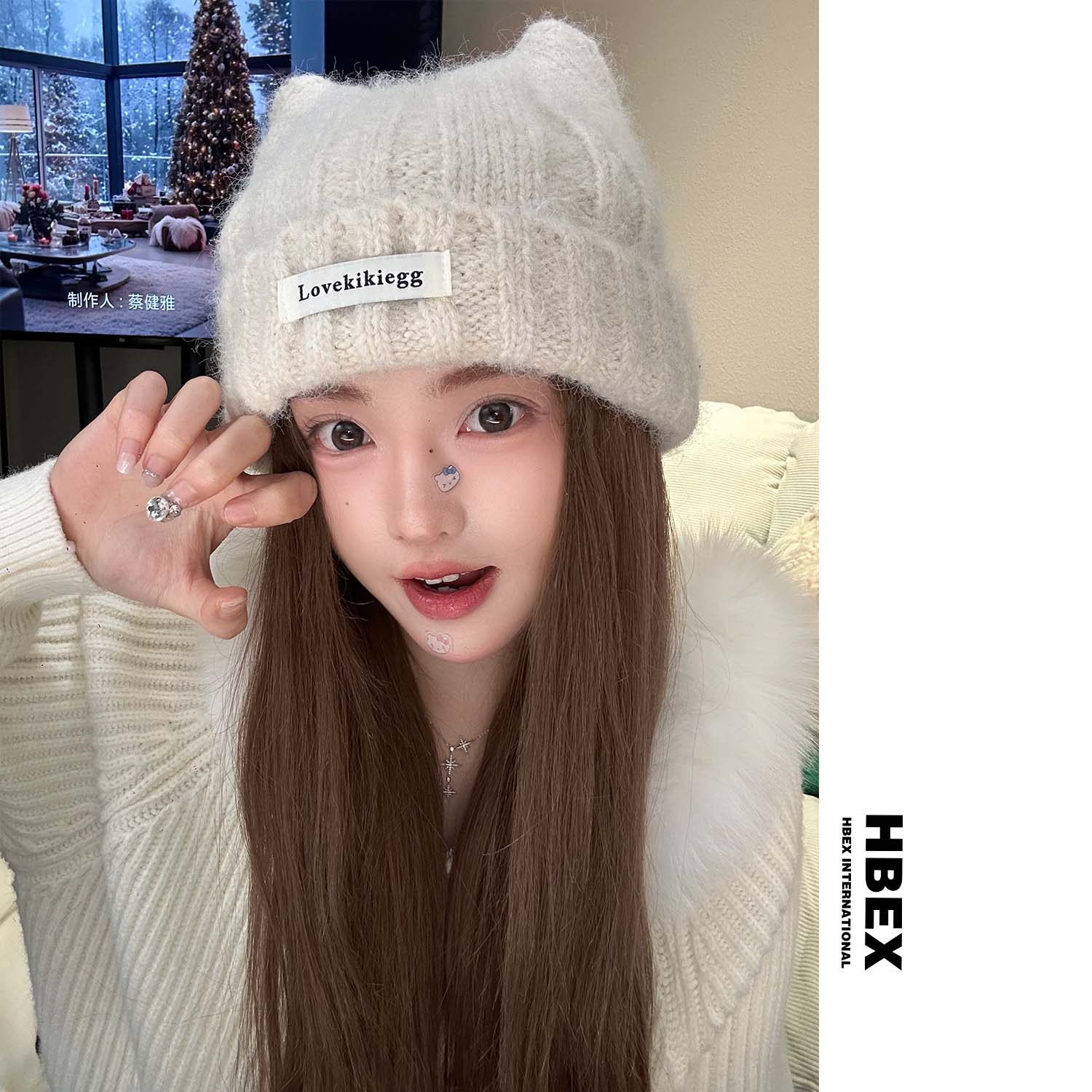 HBEX可爱猫耳朵帽子女款新款冬季显脸小适合方圆脸羊毛混纺毛线帽
