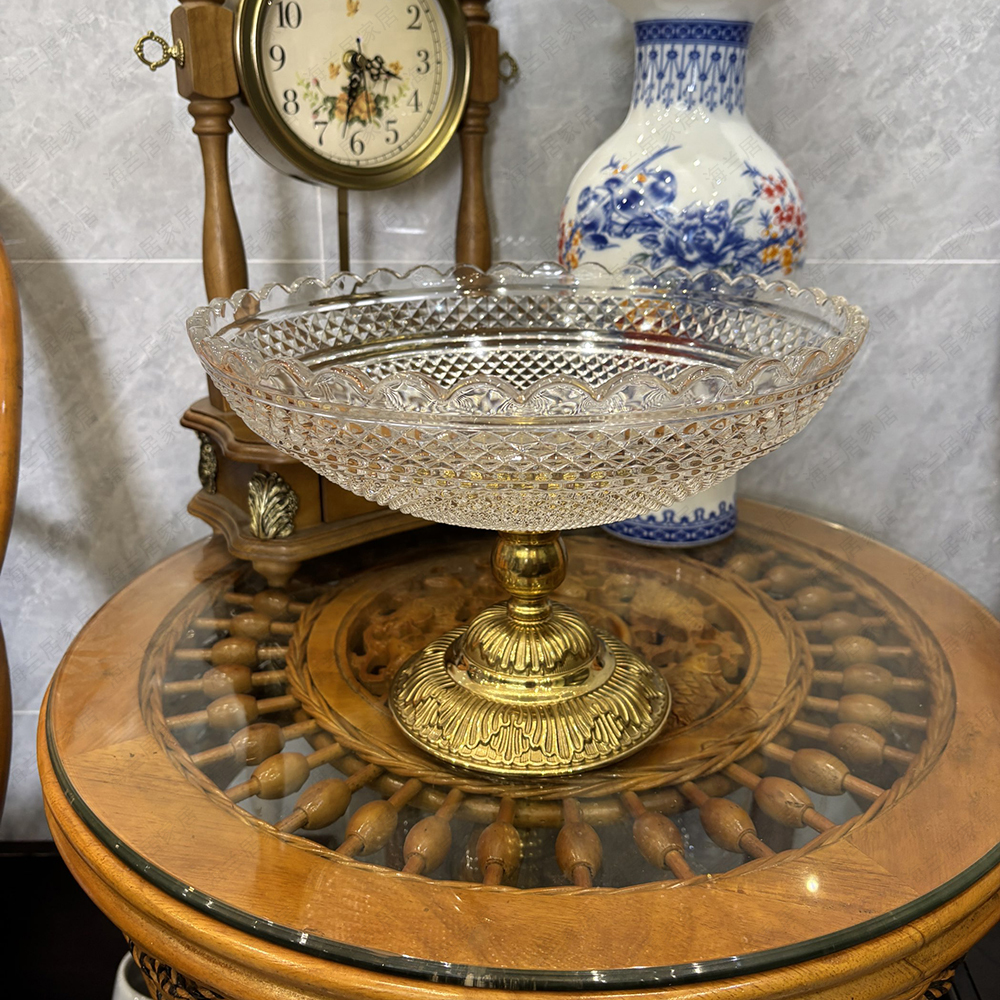 全铜大号单层欧式钻石白水晶玻璃黄铜水果盘大托盘
