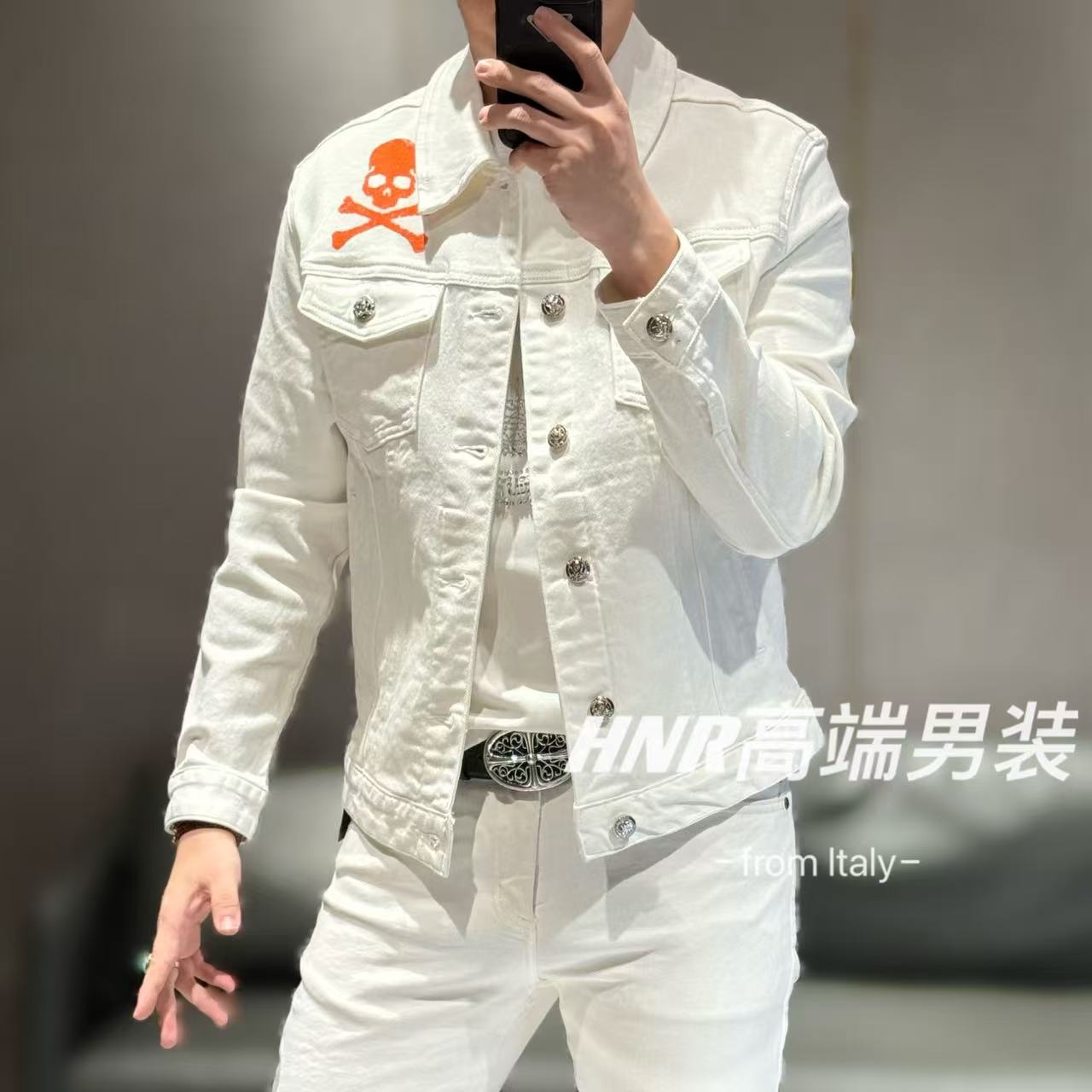 前后骷髅图案水洗重工软牛仔春季夹克外套86793