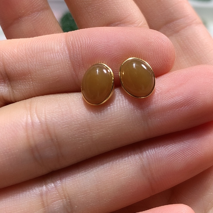银S925镀金镶嵌和田玉（糖玉）耳饰